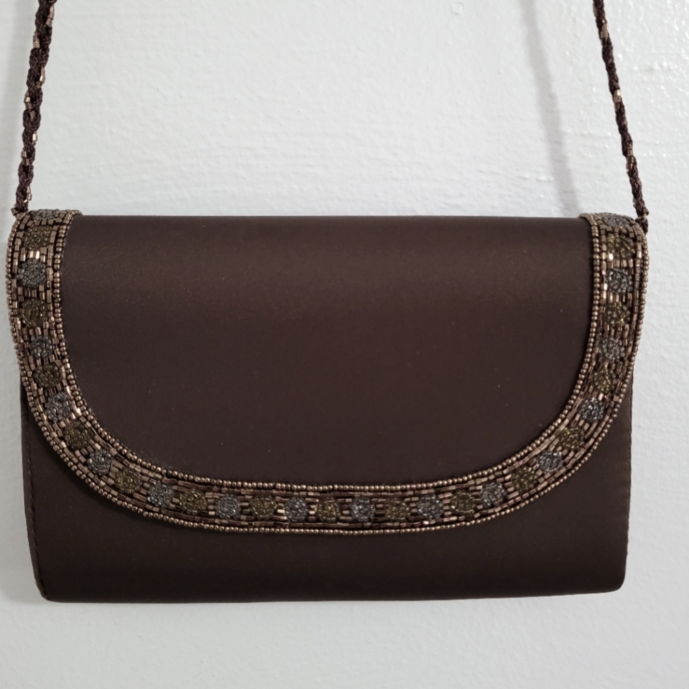 La Regale Chocolate Brown Vintage Satin Clutch Bag with Beaded Gold Trim